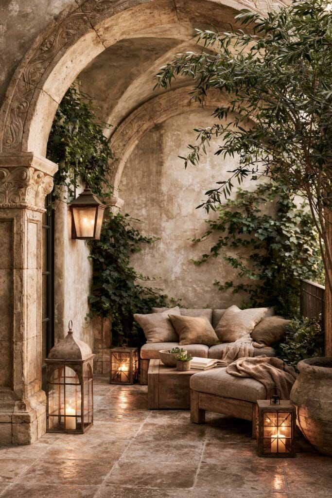 Romantic European balcony with carved stone arches, weathered plaster walls, climbing ivy, olive tree, lanterns, rustic wood furniture, and cozy outdoor seating creating an old-world courtyard retreat.