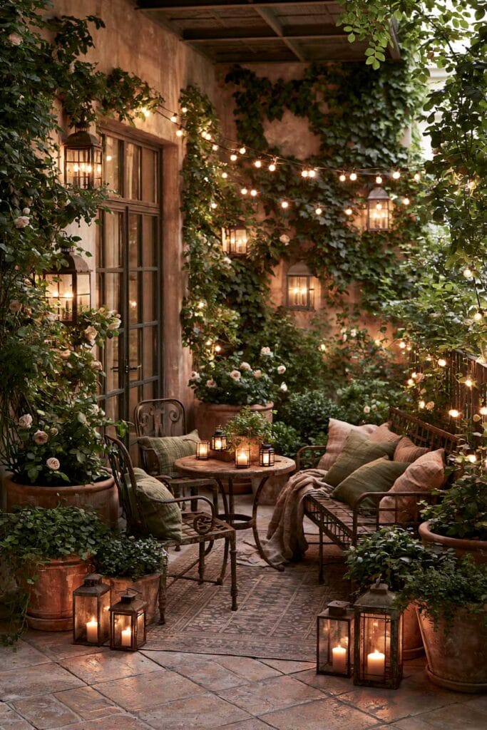 Secret garden balcony with string lights, lanterns, climbing roses, ivy, cozy seating, terracotta planters, and European outdoor decor.