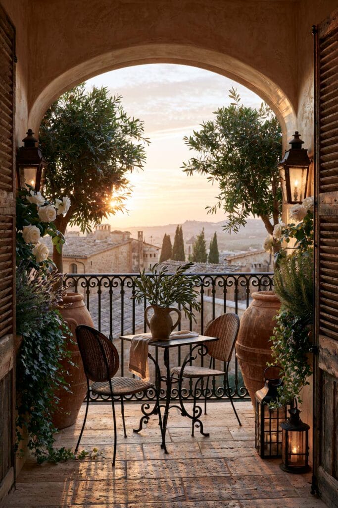Beautiful European balcony with a grand stone arch, weathered shutters, wrought iron bistro table, terracotta urns, olive trees, glowing lanterns, and Old-World Italian village views at sunset.