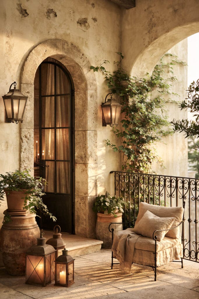 Romantic European balcony with weathered stone arches, wrought iron railing, terracotta urns, climbing vines, lanterns, linen lounge chair, and old-world European architecture creating a cozy outdoor retreat.