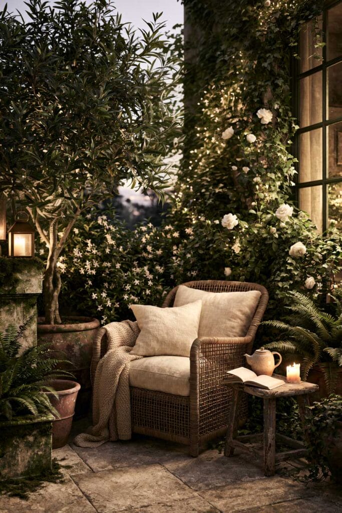 Secret garden balcony with wicker lounge chair, climbing roses, olive tree, lantern, lush greenery, and cozy European balcony decor.