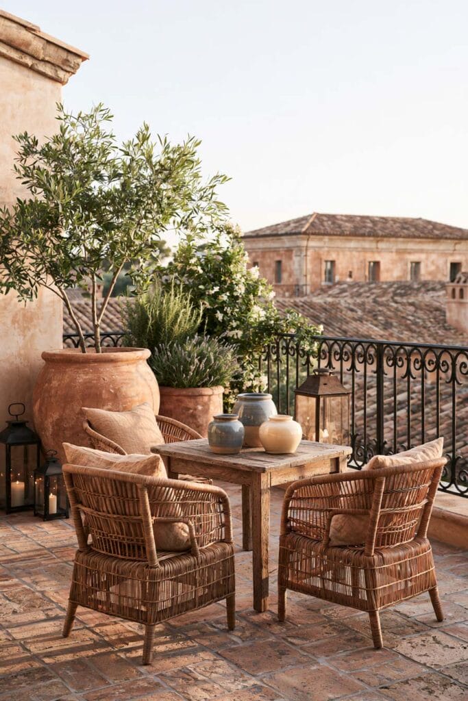 Beautiful European balcony with warm earthy colors, terracotta pots, woven chairs, rustic wood table, olive tree, wrought iron railing, lanterns, and timeless European outdoor decor.