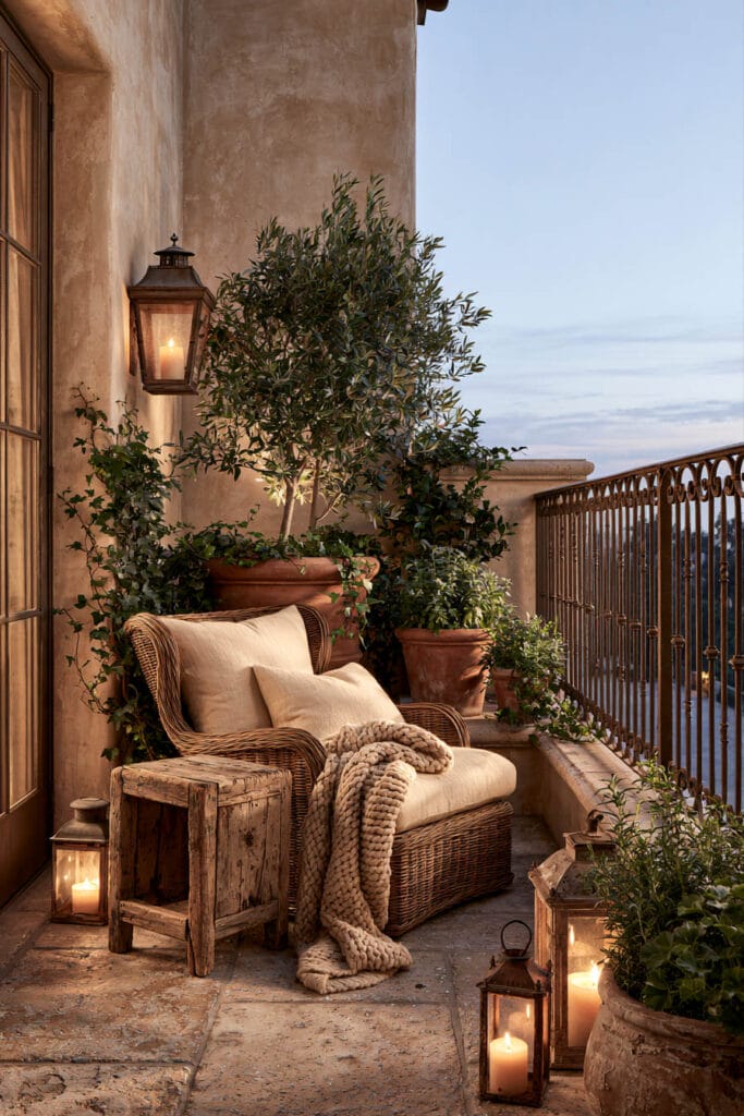 Romantic European balcony with warm earthy tones, wicker lounge chair, terracotta planters, olive tree, glowing lanterns, weathered stone flooring, and Mediterranean-inspired decor creating a cozy outdoor retreat.