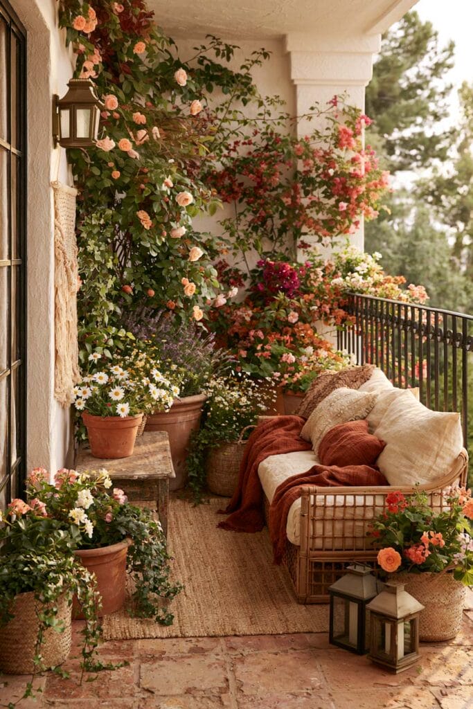 Beautiful European balcony with warm earthy color palette, terracotta planters, climbing roses, blooming flowers, woven outdoor sofa, rustic lanterns, and timeless European balcony decor.