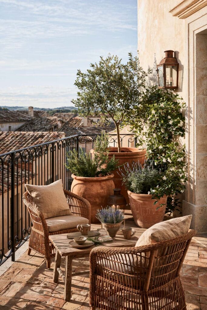 Romantic European balcony with terracotta planters, olive tree, wicker lounge chairs, rustic wood table, lavender, climbing jasmine, and warm Mediterranean decor overlooking European rooftops.