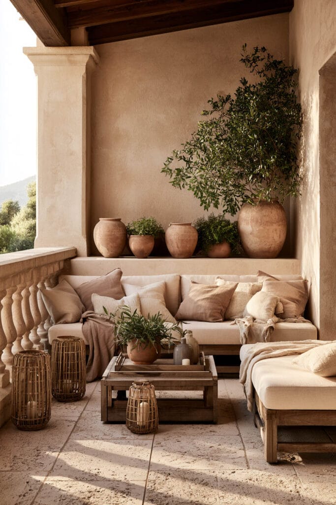 Beautiful European balcony with warm earthy colors, beige stucco walls, terracotta pots, olive tree, natural wood furniture, woven lanterns, neutral cushions, and timeless European outdoor decor.