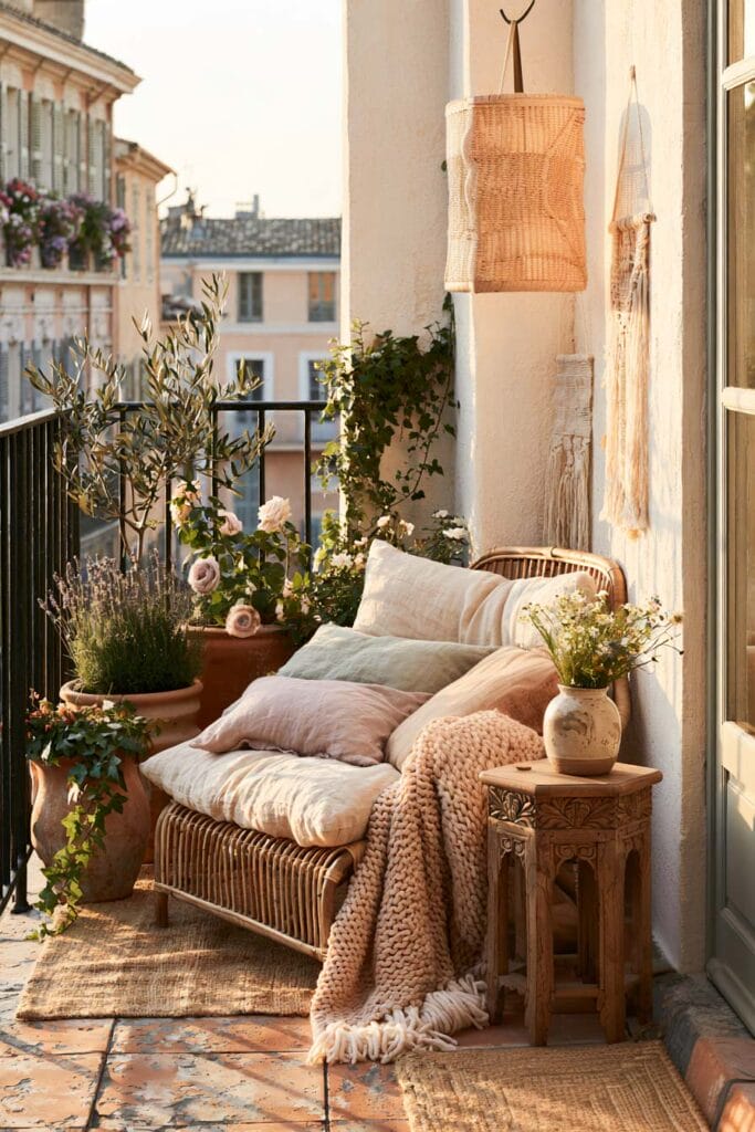 Romantic European balcony with wicker daybed, terracotta planters, olive tree, lavender, warm earthy decor, macramé wall hanging, and Mediterranean styling overlooking a European village.