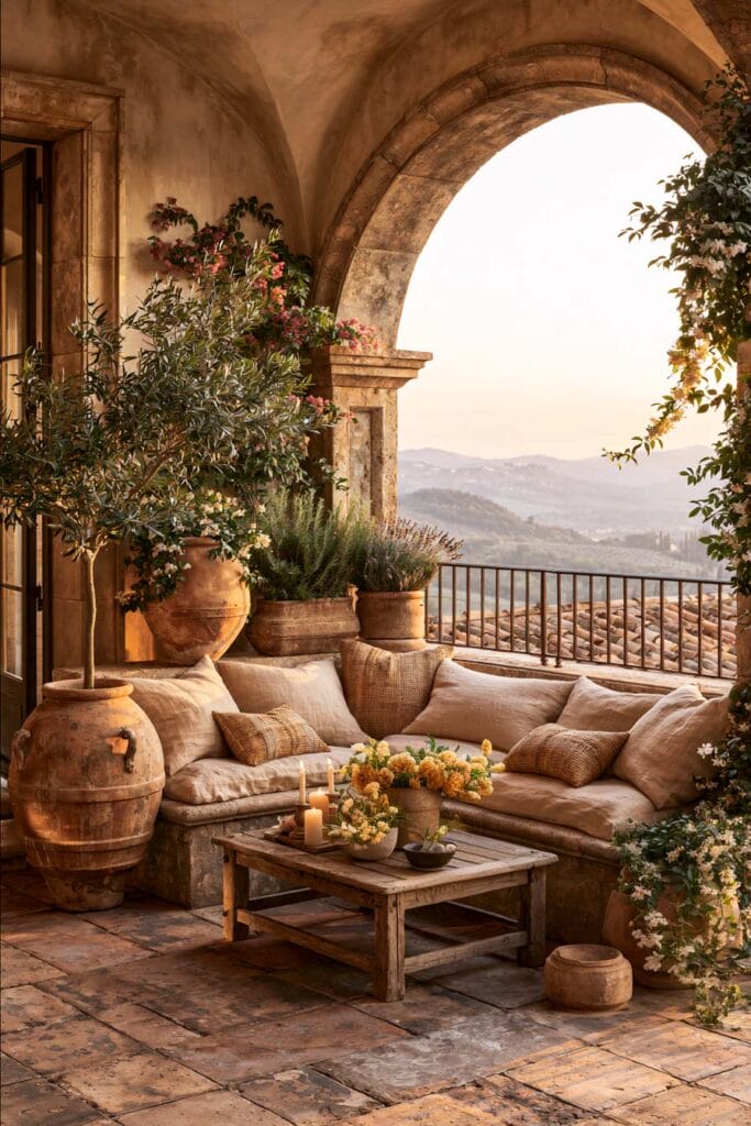 Beautiful European balcony with a grand stone arch, built-in outdoor seating, terracotta planters, olive tree, rustic wood coffee table, candlelight, rolling countryside views, and timeless European decor.