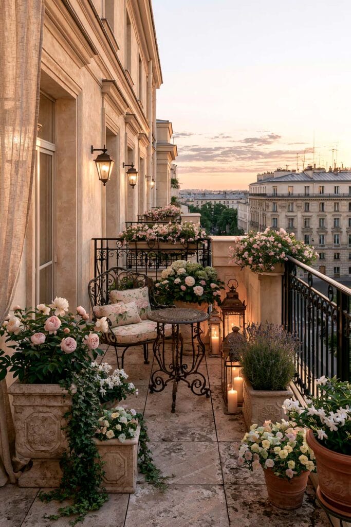 Romantic European balcony with wrought iron bistro furniture, blooming roses, flower boxes, glowing lanterns, warm stone architecture, and elegant European city views creating a cozy outdoor escape.