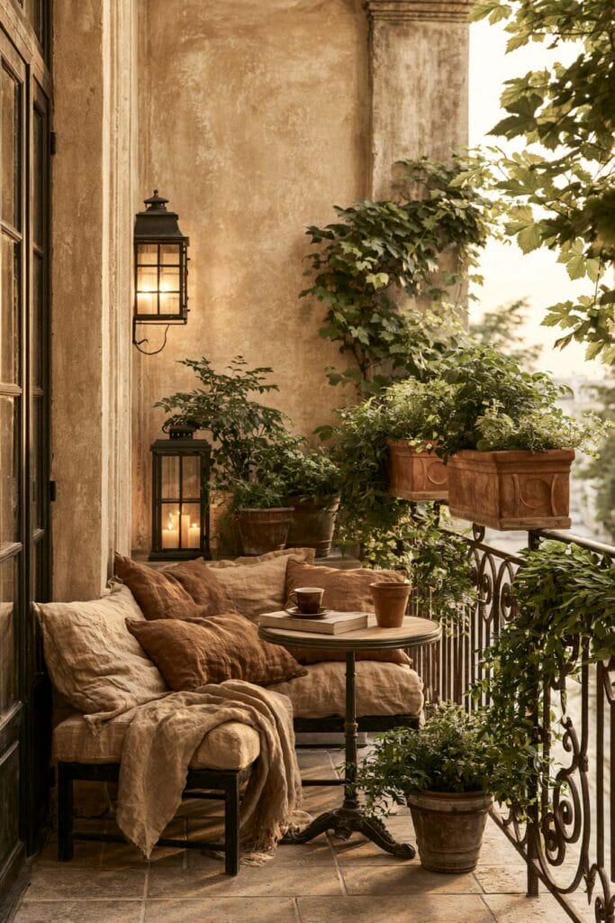 Romantic European balcony with cozy linen seating, vintage lanterns, climbing vines, window boxes, wrought iron railing, weathered plaster walls, and lush greenery creating a timeless outdoor retreat.