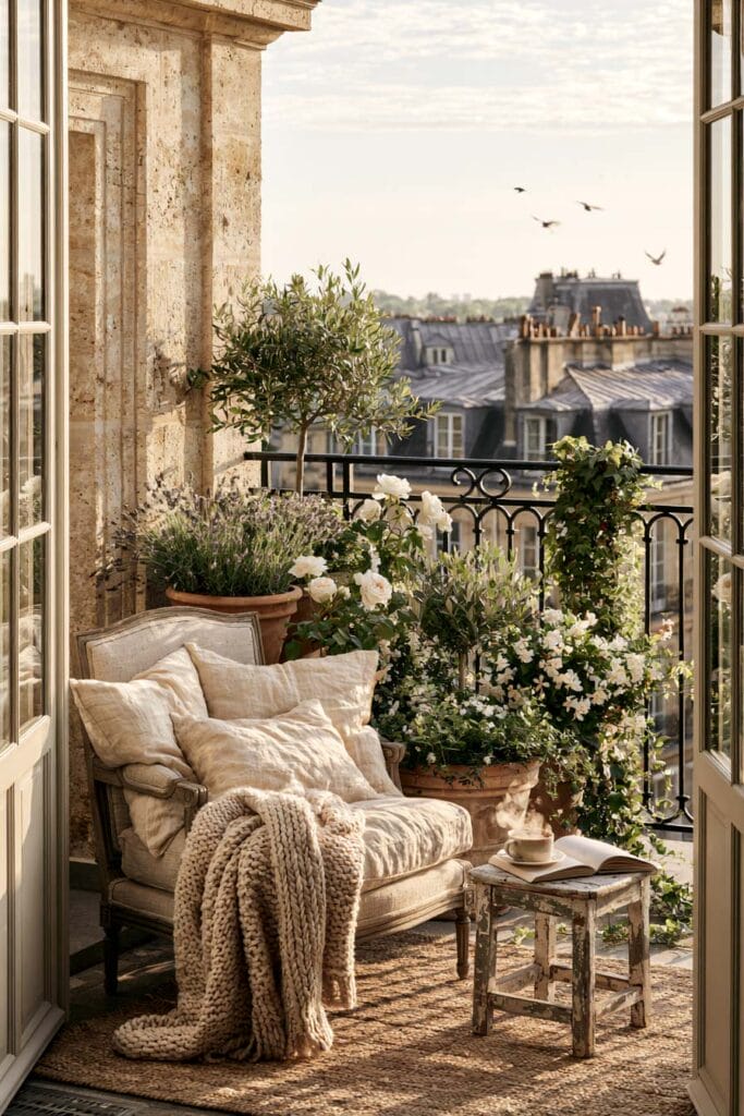 Romantic European balcony with a vintage armchair, chunky knit throw, olive tree, white roses, terracotta planters, weathered stone architecture, and classic European rooftop views creating a cozy outdoor retreat.