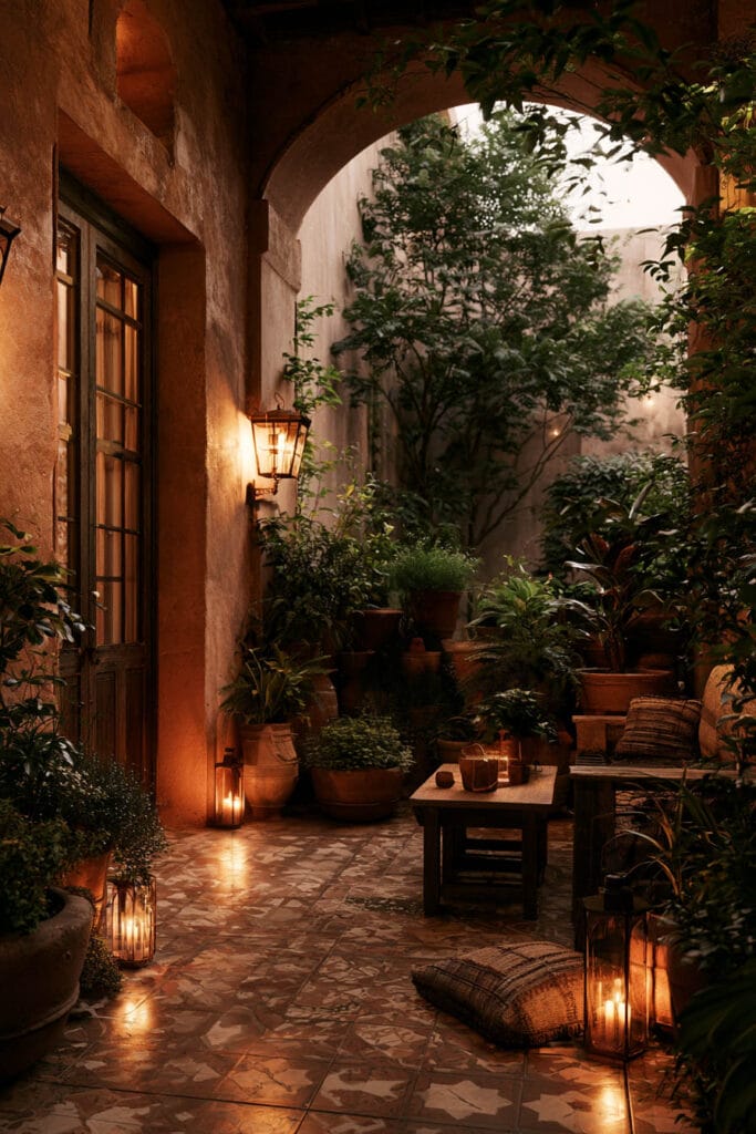 Beautiful European balcony inspired by a Spanish courtyard with arched architecture, glowing lanterns, lush potted plants, cozy seating, and warm evening lighting.