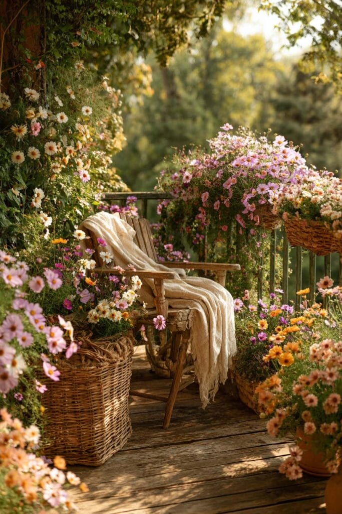 A cozy cottagecore balcony with overflowing flower baskets, blooming cosmos and daisies, a rustic wooden chair with a linen throw, climbing greenery, and weathered wood flooring creating a charming vintage outdoor retreat.