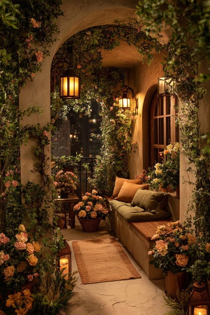 A cozy cottagecore balcony with warm hanging lanterns, climbing roses, built-in bench seating, terracotta planters, and lush greenery creating a magical outdoor retreat at night.