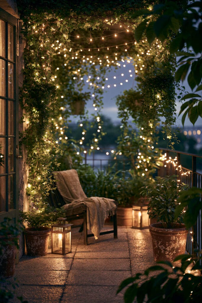 Hidden secret garden balcony with warm string lights, glowing lanterns, climbing vines, cozy lounge chair, and lush greenery creating a magical outdoor evening retreat.