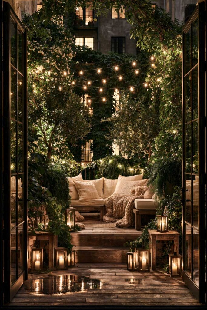 Lush balcony garden with warm lanterns, string lights, climbing vines, cozy outdoor sofa, and layered greenery creating a secret retreat at night.