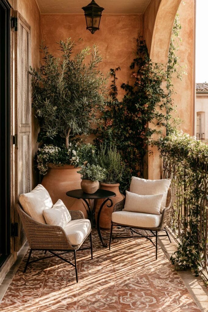 Romantic European balcony inspired by a Spanish courtyard with terracotta planters, an olive tree, patterned tile floor, woven chairs, climbing vines, and a cozy bistro table.