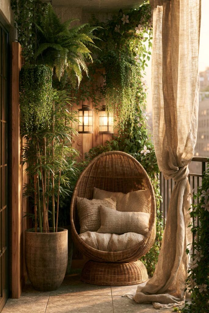 Secret garden balcony with wicker egg chair, cascading plants, linen curtains, lanterns, climbing vines, and cozy European balcony decor.