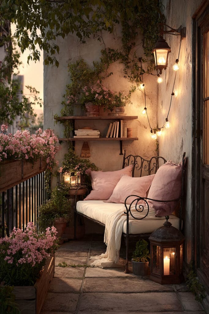 Small cottagecore apartment balcony featuring a vintage metal bench with blush pink cushions, warm lantern and string lights, rustic wall shelves, flower boxes, and climbing greenery creating a cozy evening retreat.