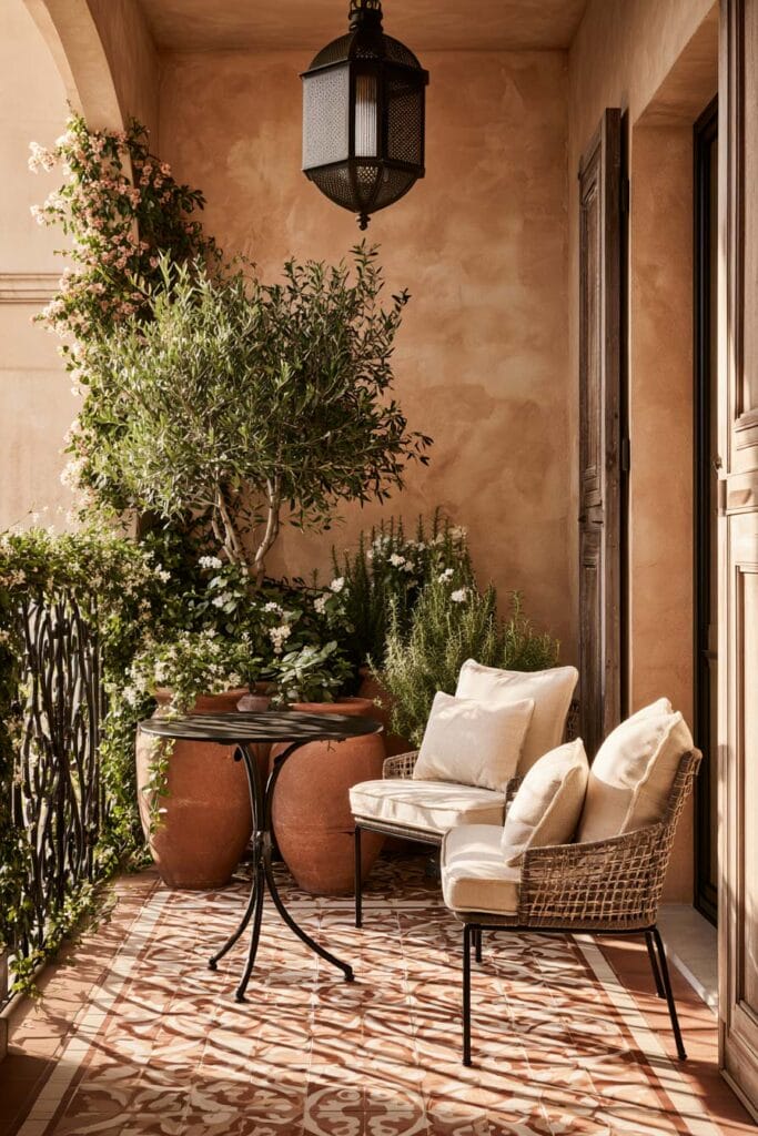 Spanish courtyard-inspired balcony with patterned tile floor, woven chairs, terracotta planters, olive tree, bistro table, and warm Mediterranean decor.