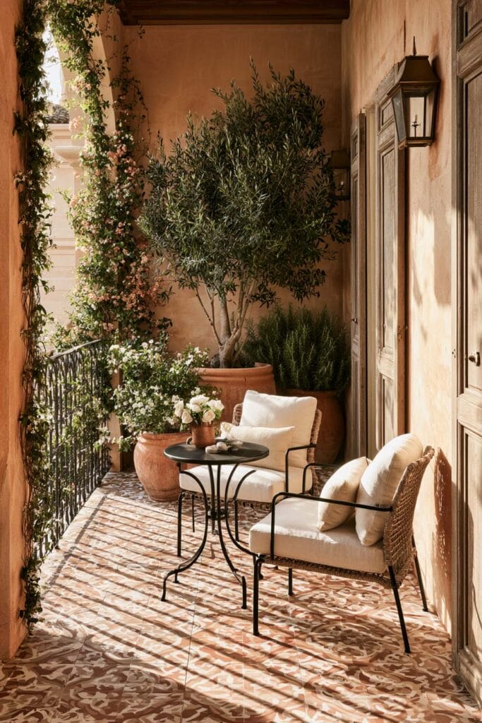 Beautiful European balcony with Spanish courtyard style, patterned tile floor, black bistro table, woven chairs, terracotta pots, olive tree, and climbing flowering vines.