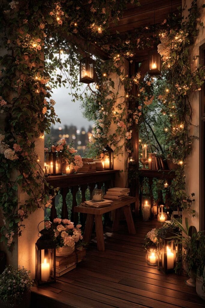 A cozy cottagecore balcony decorated with warm lanterns, twinkling string lights, glowing candles, climbing flowers, rustic wood furniture, and lush greenery for a magical evening atmosphere.