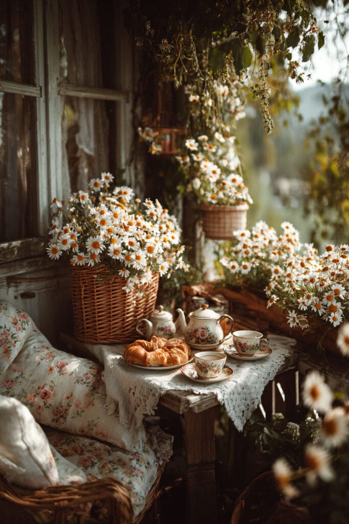 A cozy cottagecore balcony tea corner with wicker baskets of white daisies, a vintage floral tea set, fresh pastries, lace linens, and floral cushions creating a charming outdoor tea space.