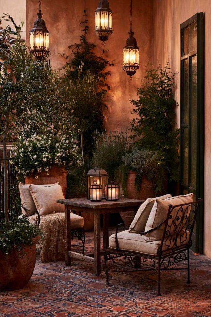 Cozy European balcony at night with hanging lanterns, wrought iron chairs, terracotta planters, patterned tile flooring, and Mediterranean greenery in a Spanish courtyard setting.