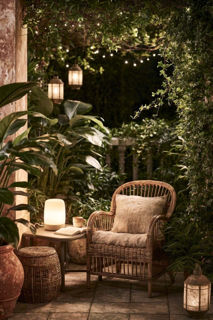Hidden secret garden balcony with wicker lounge chair, warm lantern lighting, lush climbing vines, string lights, and cozy outdoor seating inspired by a European garden.