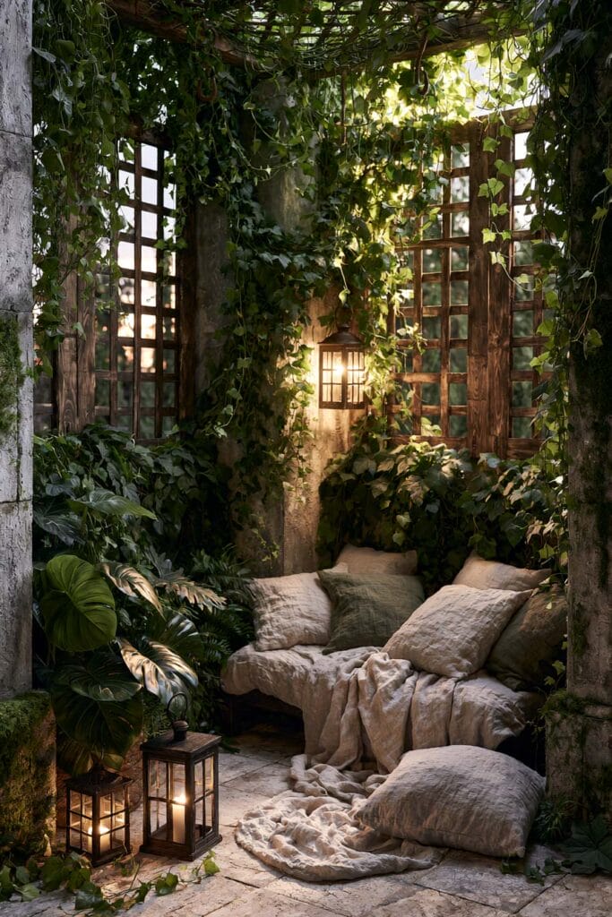Lush balcony garden with climbing vines, trellis walls, warm lanterns, tropical plants, and a cozy linen daybed creating a hidden secret outdoor retreat.