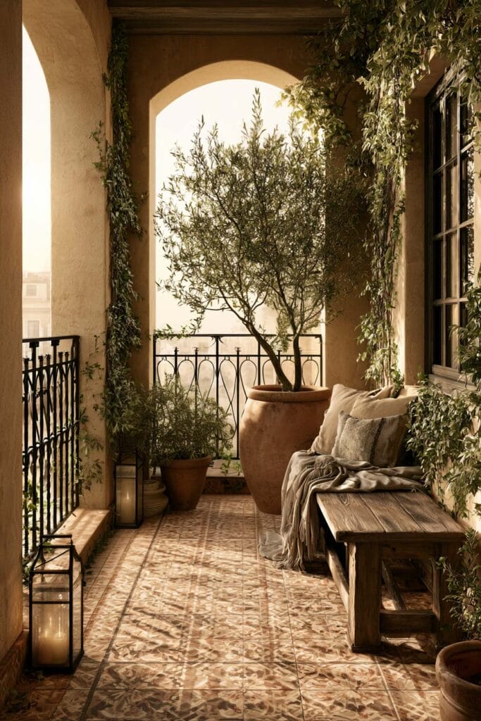 Romantic European balcony with a built-in wooden bench, patterned Spanish tile floor, olive tree, climbing vines, terracotta planter, and arched architecture creating a cozy outdoor retreat.