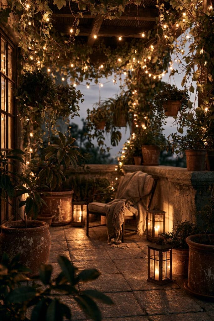 Secret garden balcony with string lights, lanterns, climbing vines, terracotta planters, and cozy European outdoor seating at night.