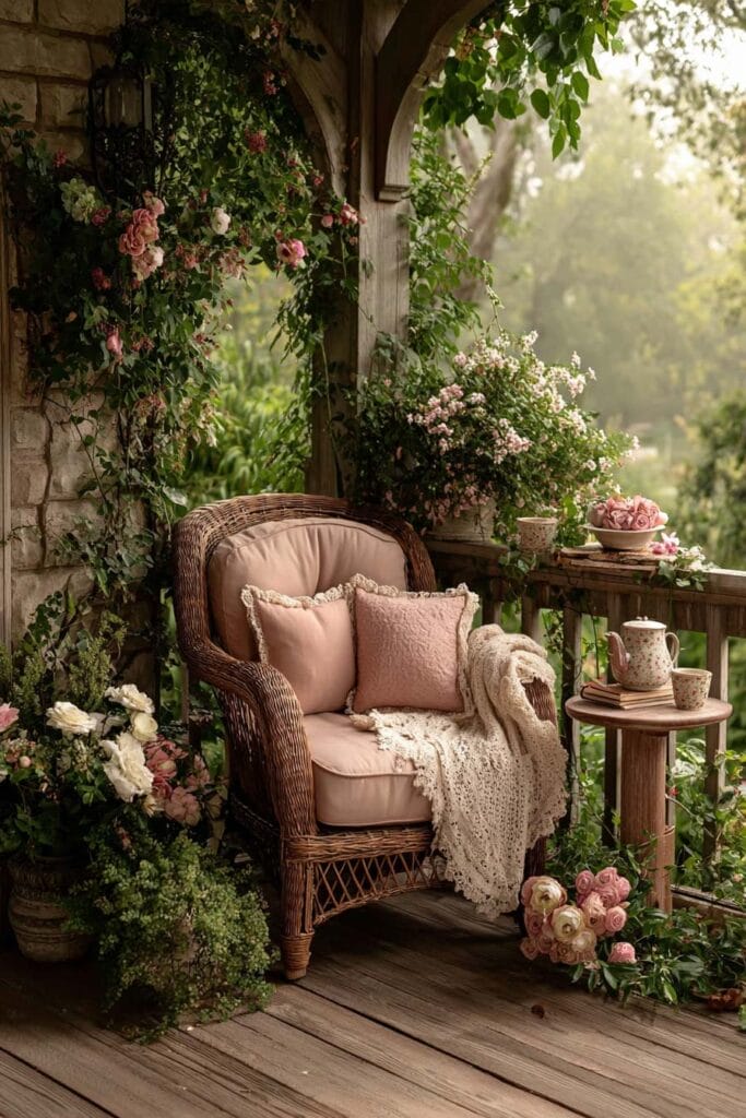 Small cottagecore apartment balcony featuring a vintage wicker chair with blush pink cushions, a cozy tea table, climbing roses, flowering plants, and rustic wood flooring creating a peaceful outdoor retreat.