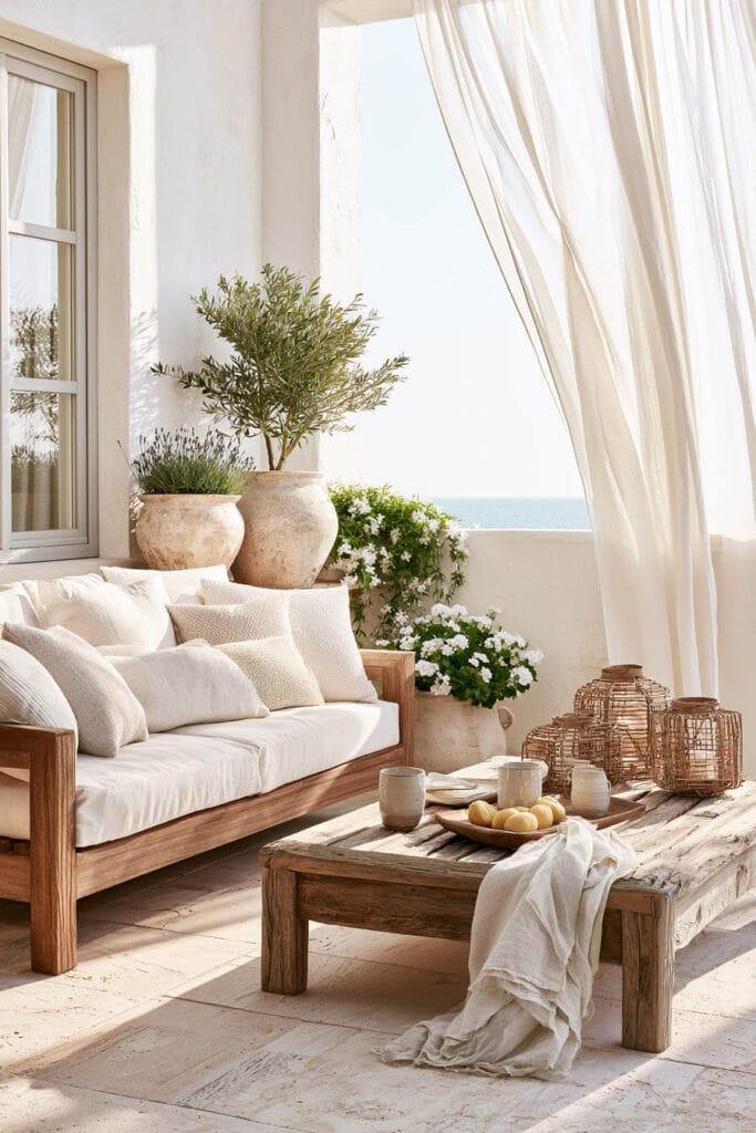 Beautiful European balcony with Mediterranean coastal decor, white stucco walls, flowing linen curtains, wood lounge furniture, olive tree, rustic coffee table, and sea view.