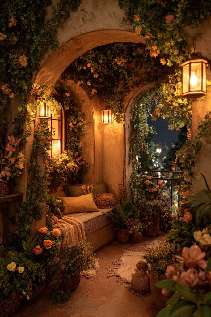 A cozy cottagecore balcony with warm lantern wall lights, climbing greenery, flowering plants, a built-in daybed with soft cushions, and rustic decor creating a magical evening retreat.