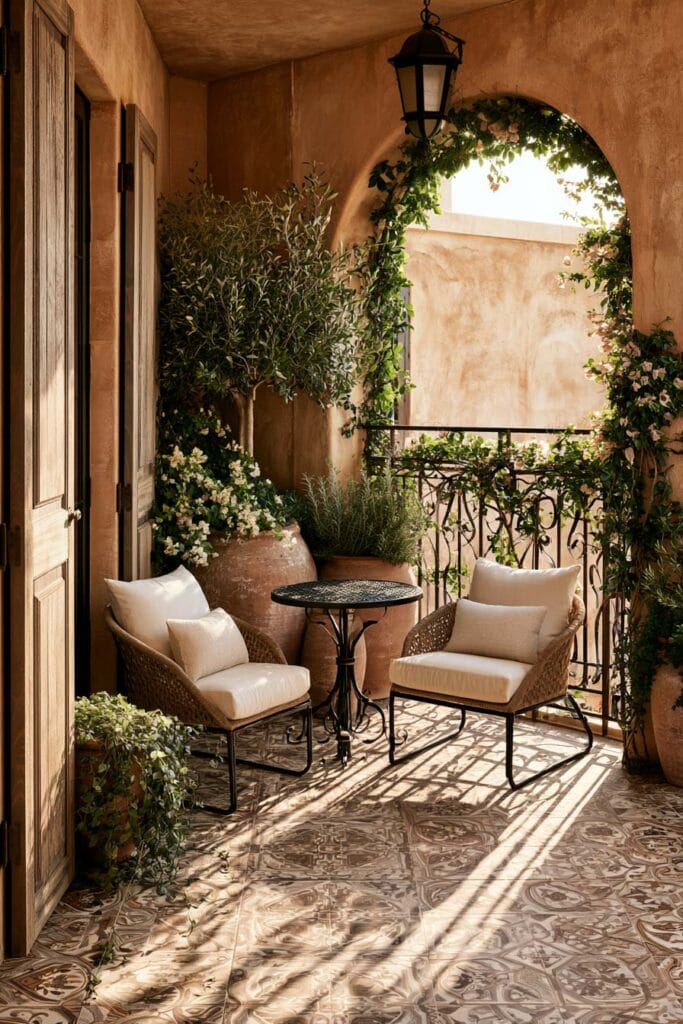 Cozy European balcony with arched doorway, patterned tile floor, woven chairs, café table, terracotta planters, climbing vines, and Spanish courtyard style.
