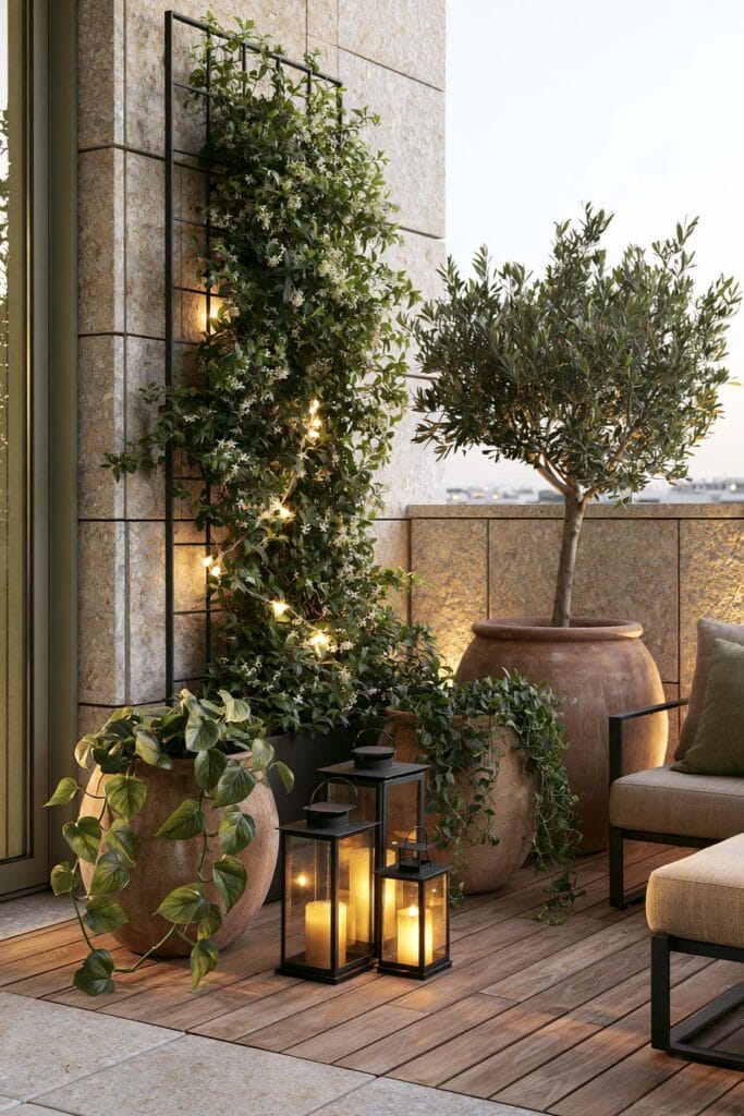 Modern lush balcony garden with a flowering climbing vine on a trellis, olive tree in a terracotta planter, lanterns, and cozy outdoor seating creating a secret retreat.