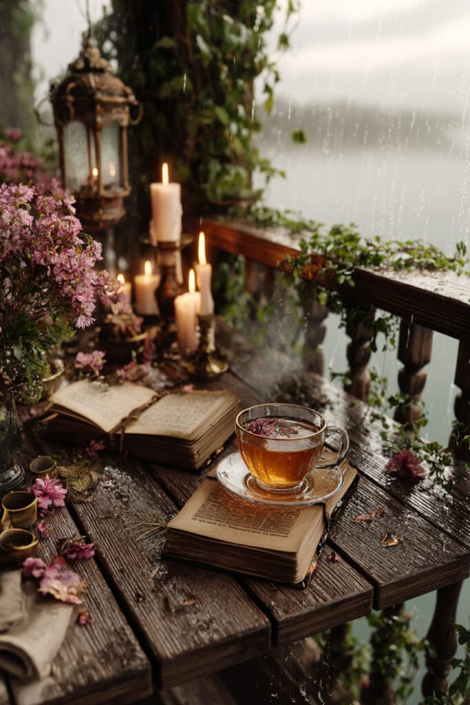 A cozy cottagecore balcony tea corner with a steaming cup of tea, vintage books, glowing candles, pink flowers, climbing vines, and a rustic wooden table overlooking a rainy garden.

