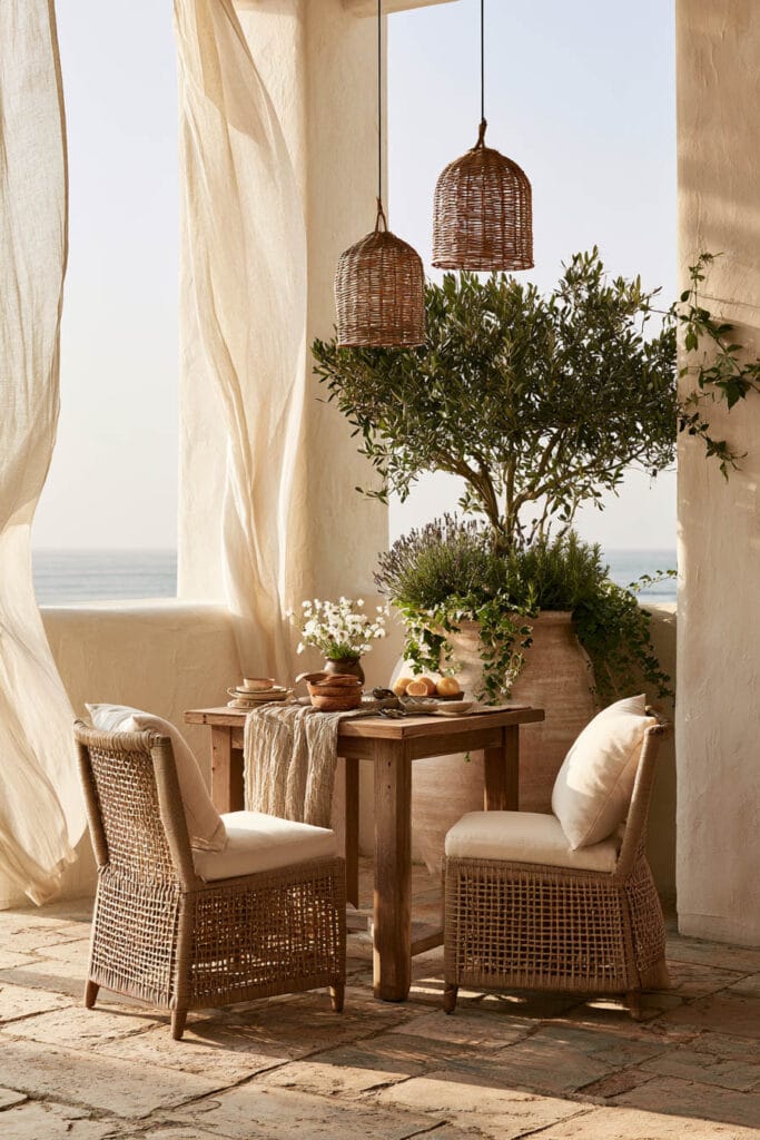 Romantic European balcony with flowing linen curtains, wicker dining chairs, woven pendant lights, an olive tree, rustic wood table, and Mediterranean coastal decor overlooking the sea.