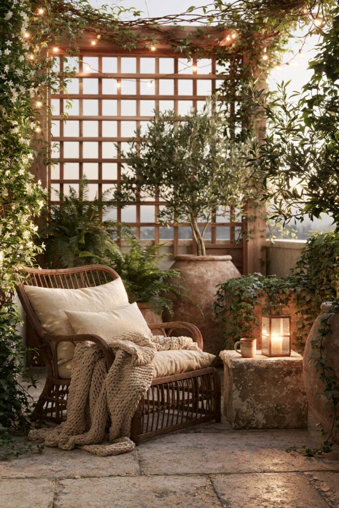 Secret garden balcony with flowering climbing vines, wooden trellis, wicker lounge chair, terracotta planters, glowing lantern, and cozy European-inspired outdoor decor.