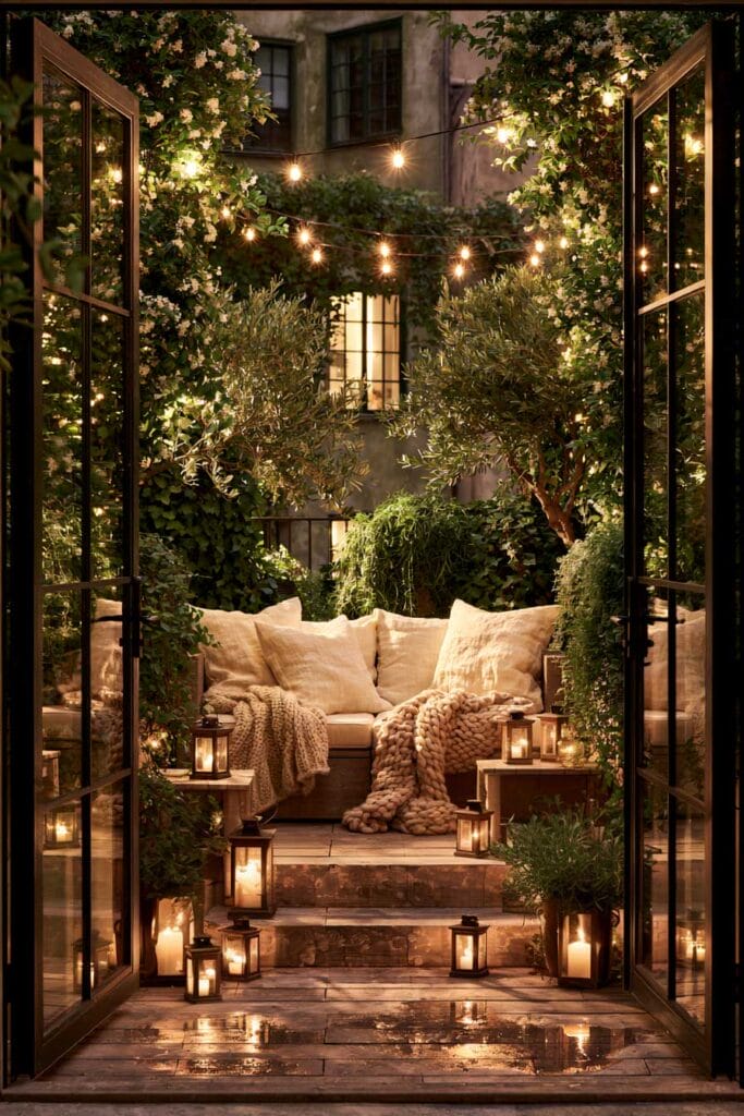 Secret garden balcony with French doors, string lights, lanterns, lush greenery, olive trees, and cozy European outdoor seating.