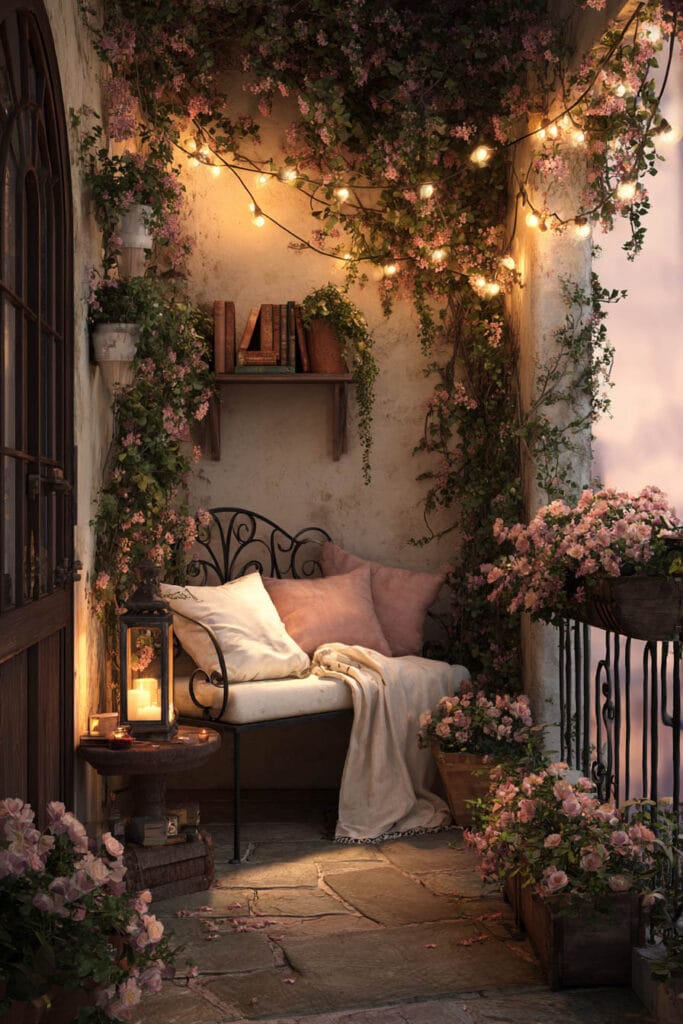 Small cottagecore apartment balcony with a vintage iron bench, warm string lights, lantern candle, climbing flowers, rustic shelving, and blooming pink planters creating a cozy evening reading nook.