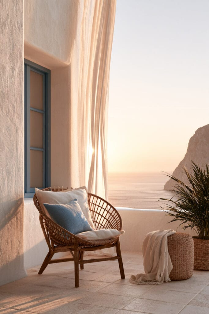 Beautiful European balcony with Mediterranean coastal decor, woven lounge chair, flowing linen curtains, white stucco walls, soft blue cushions, and sunset sea view.