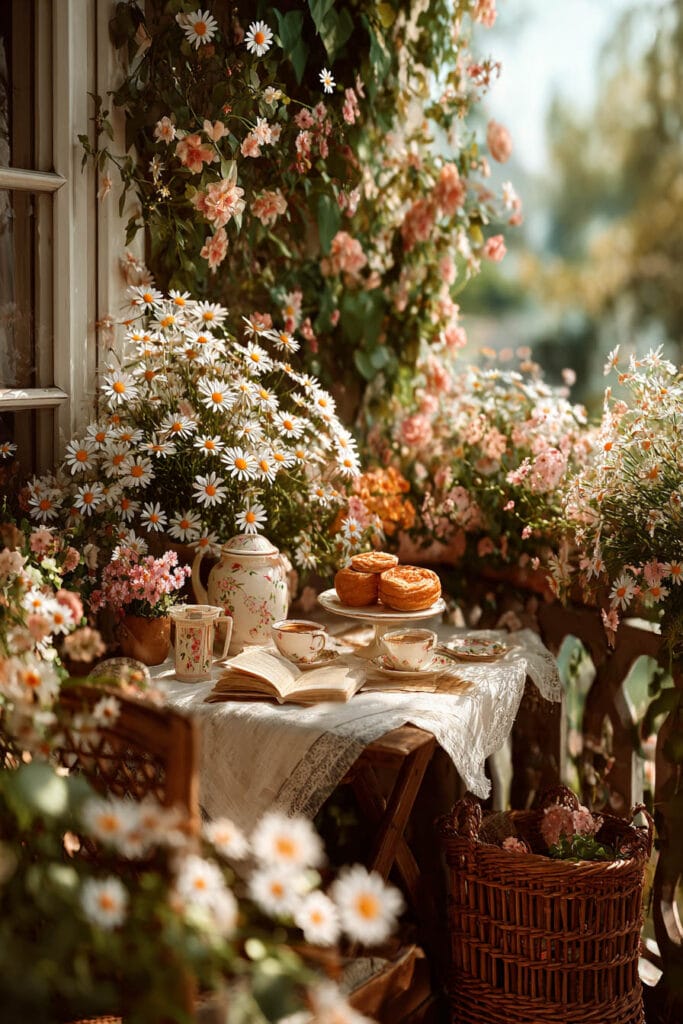 A charming cottagecore balcony with blooming daisies, climbing flowers, a vintage floral tea set, fresh pastries, lace table linens, wicker baskets, and a cozy outdoor tea table filled with cottage charm.