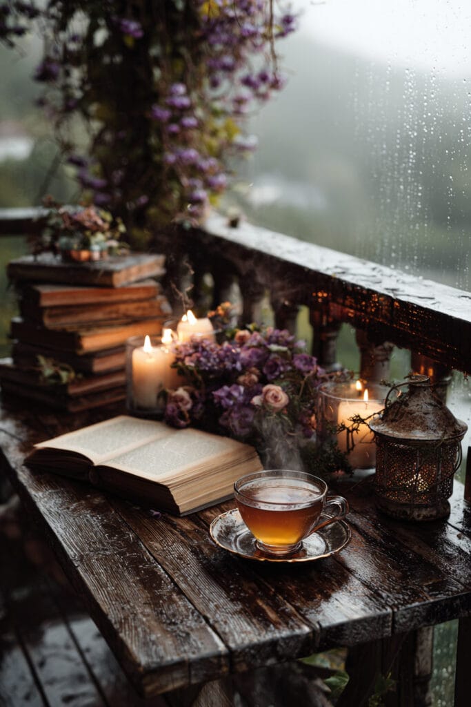 A cozy cottagecore balcony tea corner featuring a steaming cup of tea, vintage books, glowing candles, purple flowers, and a rustic wooden table overlooking a rainy landscape.