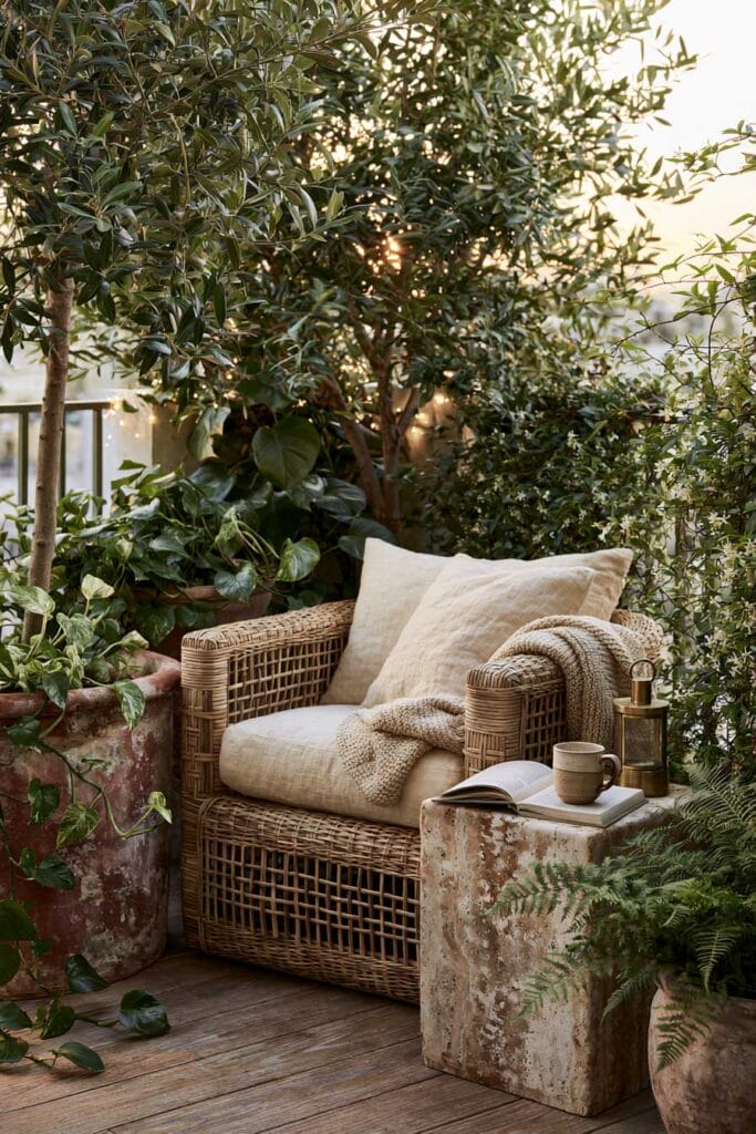 Cozy balcony reading corner with a wicker chair, olive trees, lush potted plants, terracotta planters, lantern, and natural wood decking creating a secret garden retreat.