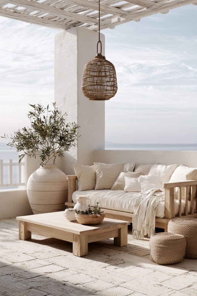 Cozy Mediterranean balcony with natural wood sofa, linen cushions, woven pendant light, olive tree planter, and coastal European styling in soft neutral colors.