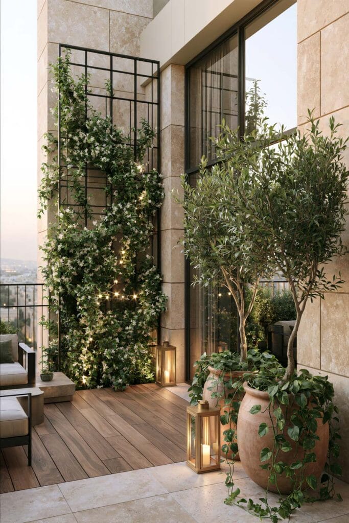 Modern secret garden balcony with flowering climbing vines on a metal trellis, oversized terracotta planters, olive trees, warm lanterns, and cozy European-inspired outdoor decor.