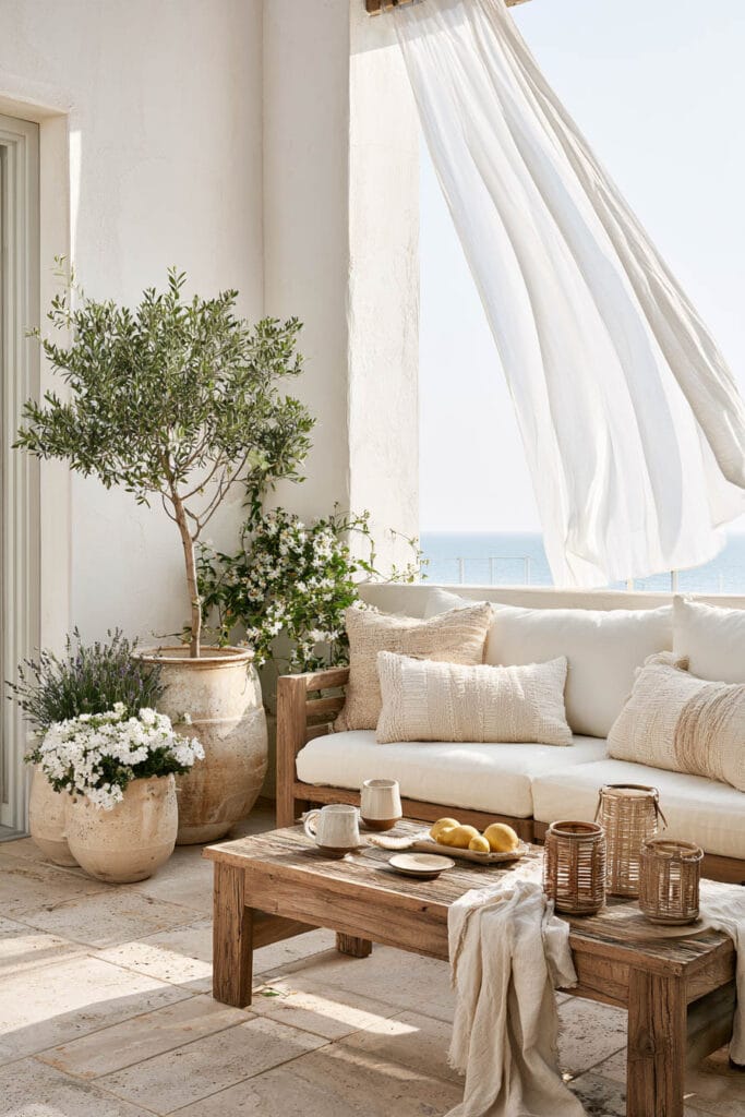Romantic European balcony with flowing linen curtains, a white outdoor sofa, rustic wood coffee table, olive tree, Mediterranean coastal decor, and ocean views creating a cozy outdoor escape.