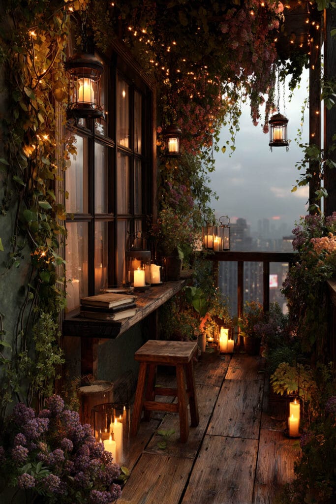 Small cottagecore apartment balcony with glowing lanterns, warm string lights, candlelight, climbing vines, rustic wood flooring, and lush flowers creating a magical evening atmosphere.